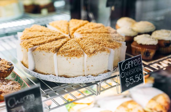 Close up of a coffee cheesecake.