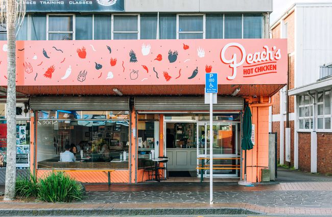 Exterior of  Peach's Hot Chicken, Auckland.