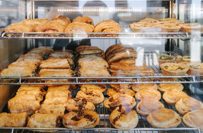 Lots of pastries in the cabinet at Pembroke Patisserie, Wānaka.