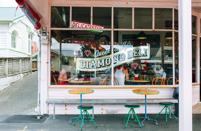 Front window of Queen Sally's Diamond Deli and cafe Wellington.