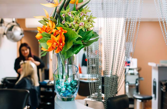Large vibrant flower arrangement on silver counter.