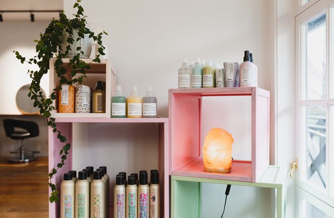 Pastel shelves and products at Refuge Hair Boutique, Wellington.