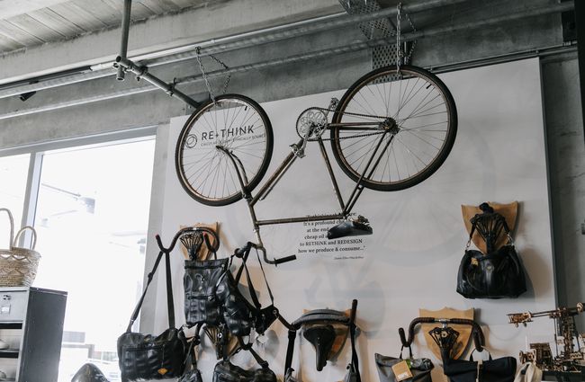 Bicycle suspended from the ceiling.