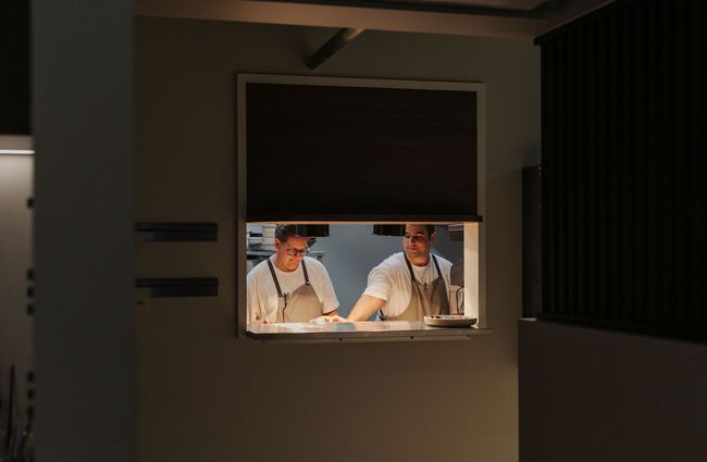 Two chefs in the kitchen at Seven, Christchurch.