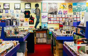 View of inside the store at Slow Boat Records, Wellington.