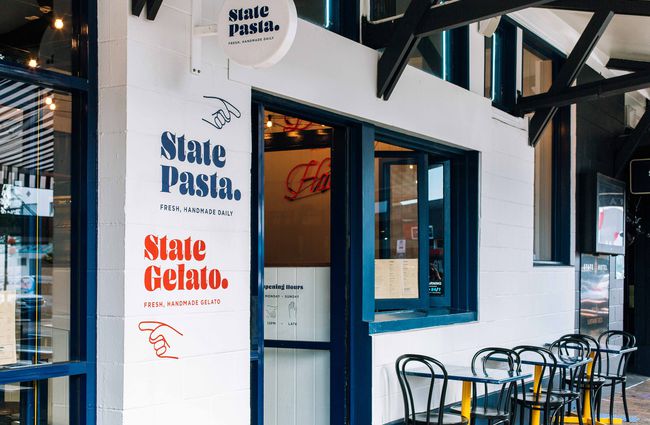 The blue and white exterior of State Pasta in New Plymouth.