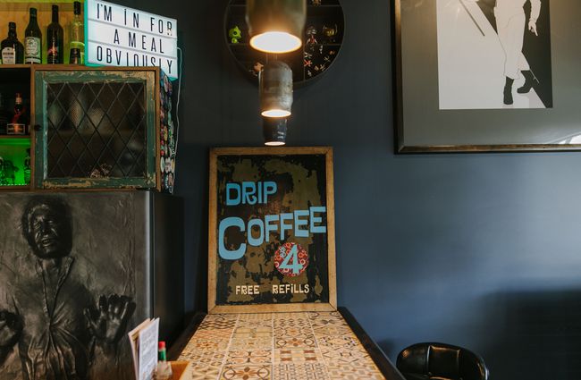 Drip coffee sign on a table at Sun Dog Diner, Christchurch.