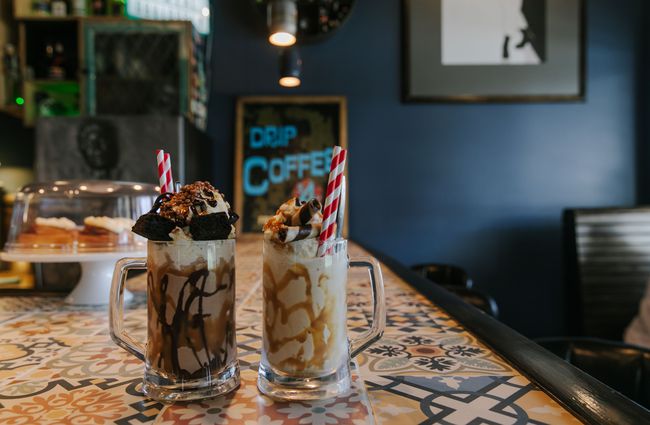 Two milkshakes on a bar at Sun Dog Diner, Christchurch.