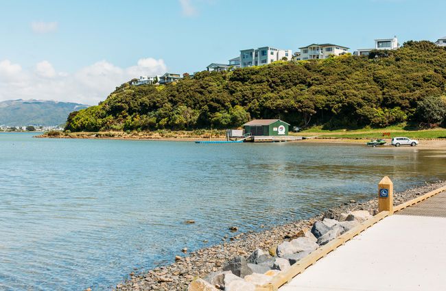 Beach area with boat ramp on Te Ara Piko Walkway, Porirua.