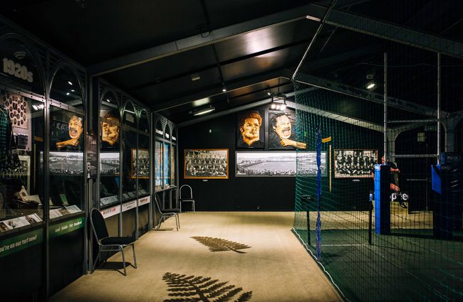 The rugby museum with black fern prints on the floor.