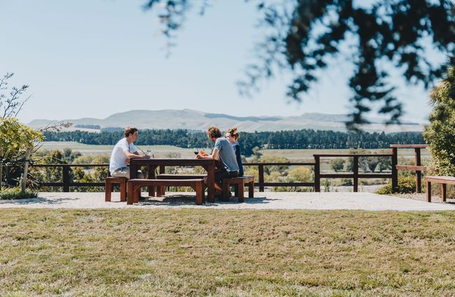 A group of people drinking wine outside Terrace Edge Waipara North Canterbury.