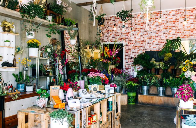 Shop interior with counter and brick wall and flower buckets.