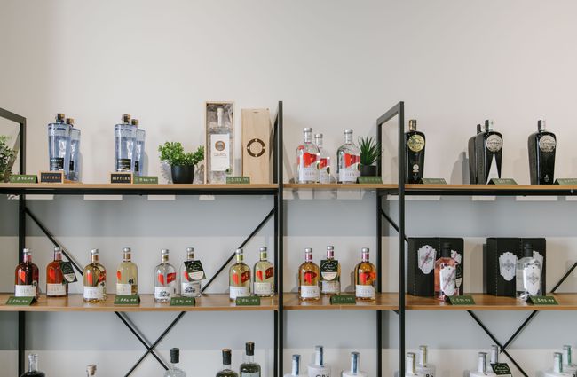 Bottles of gin on shelves to The Juniper Collective, Christchurch.