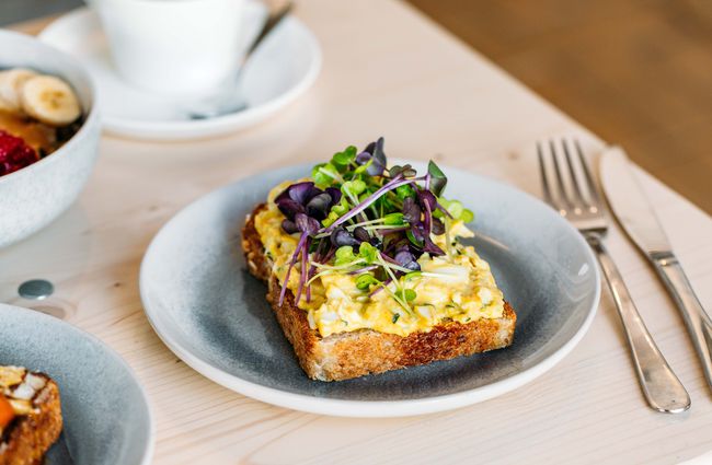 Eggs on toast with lots of micro greens from The Oatery, Wellington.
