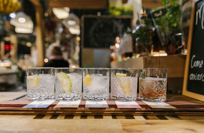 Glasses with different gins as part of Curiosity gin flight at Riverside Market.