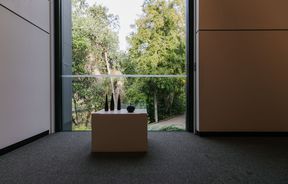Sculptures by a window at The Suter Art Gallery.