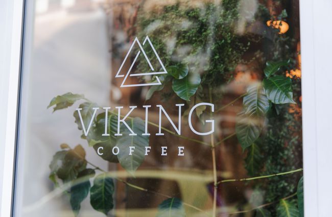 Viking Coffee sign in the window.