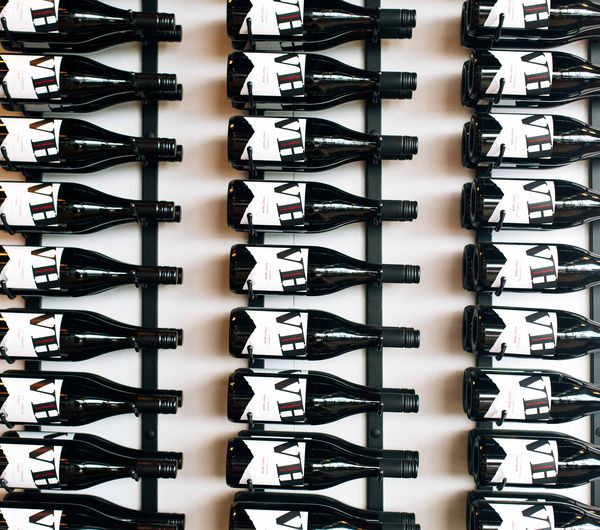 Close up of wine bottles.
