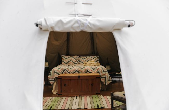 View of the bed inside the yurt.