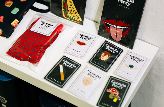 Badges and socks on display inside Wanda Harland Wakefield Street store in Wellington, New Zealand.