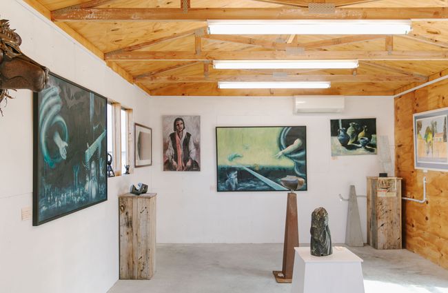 Art on the walls and sculptures on the floor inside York Street Gallery in Timaru.