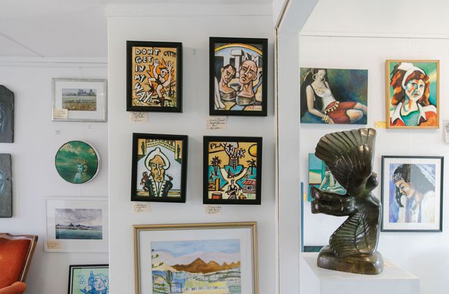 A close up of colourful works of art on a wall inside York Street Gallery in Timaru.