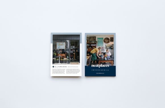 A picture of the front and back cover of the first edition Neat Places Invercargill pocket guide.