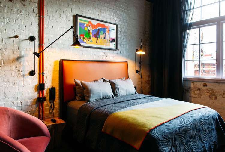 A colourful bedroom inside The Intrepid Hotel in Wellington.