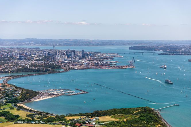 Aerial shot of the Auckland City from above Bastian Point.