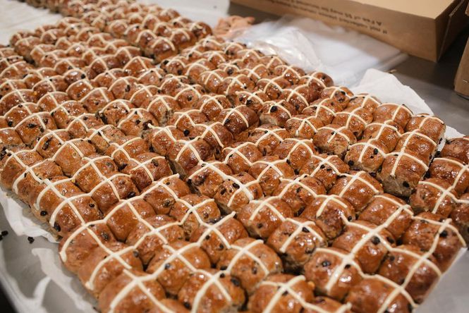 Row upon row of baked hot cross buns from Volare.