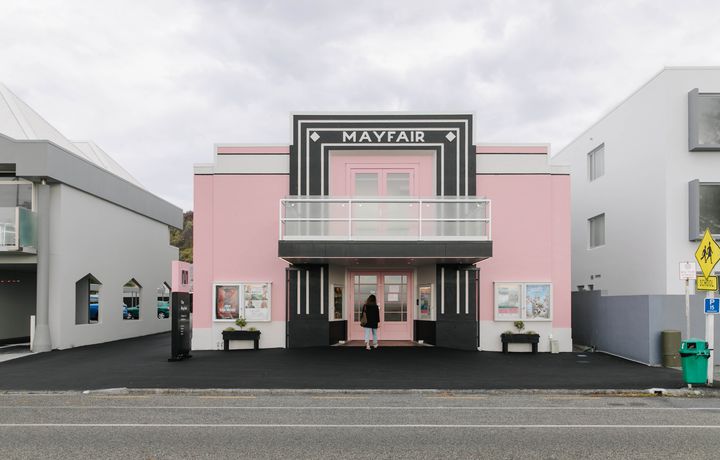 The pink and black exterior of The Mayfair in Kaikoura.