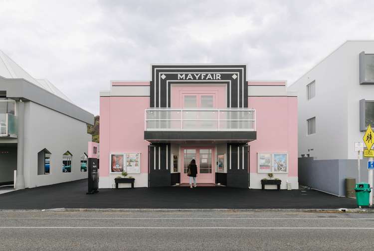 The pink and black exterior of The Mayfair in Kaikoura.