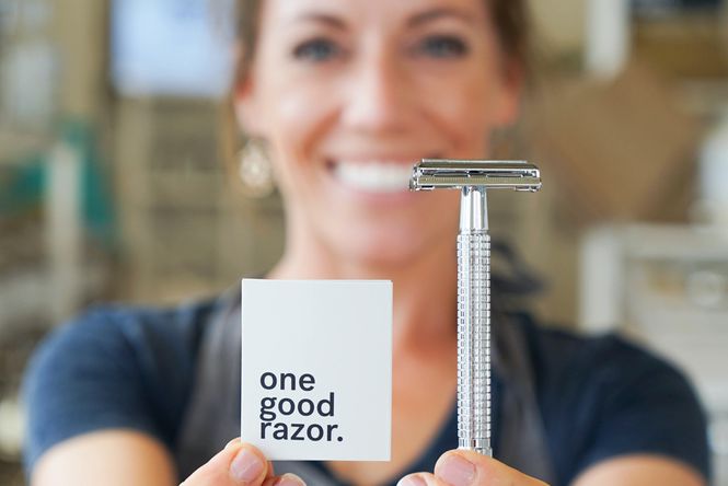 The One Good Razor with packaging sitting on a table.
