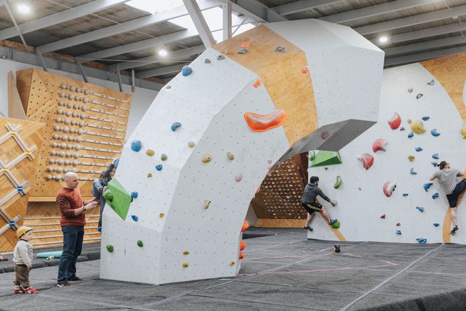 People bouldering at Uprising in Christchurch.