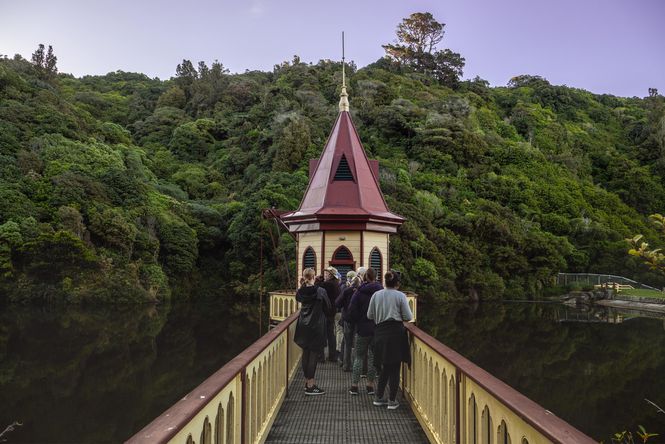 People walking a bridge at Zealandia.