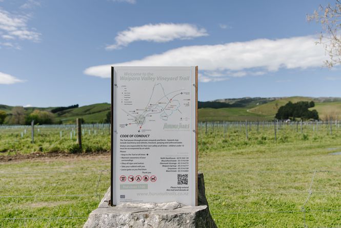 Close up of a Waipara Wine Trail sign of a sunny day.
