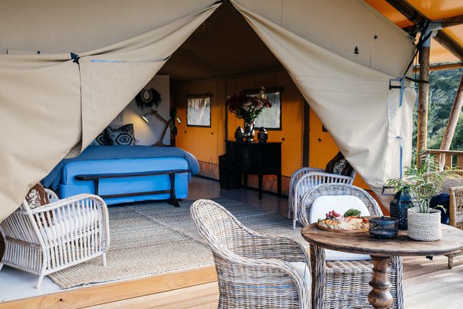 The inside of a glamping tent.